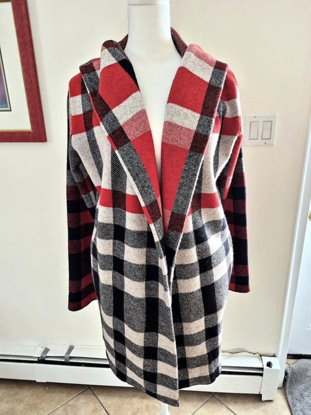 field & flower Cressida Wool Sweater Coat Plaid Red & Black MP